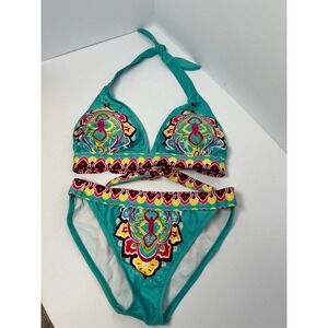 Boho Mandala Print Bikini Set Teal Pink Yellow HalterTop 2 Piece Swimsuit L NWOT